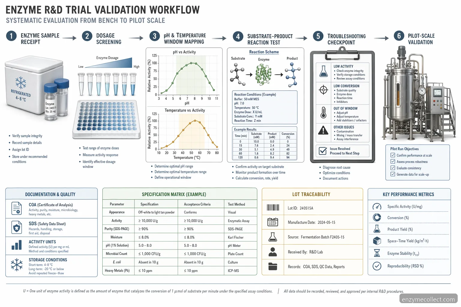 Workflow for enzyme trial order leverandør til R&D med dosering, pH, temperaturkurver, reaktionspile og kontrol ved opskalering