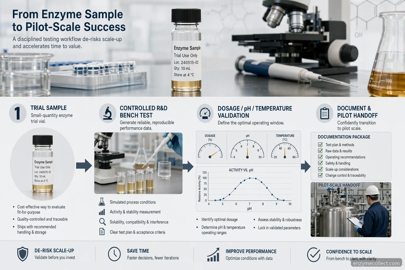 Guide til enzyme trial order leverandør for R&D med prøveglas, testparametre, dokumenter og trin til pilotvalidering