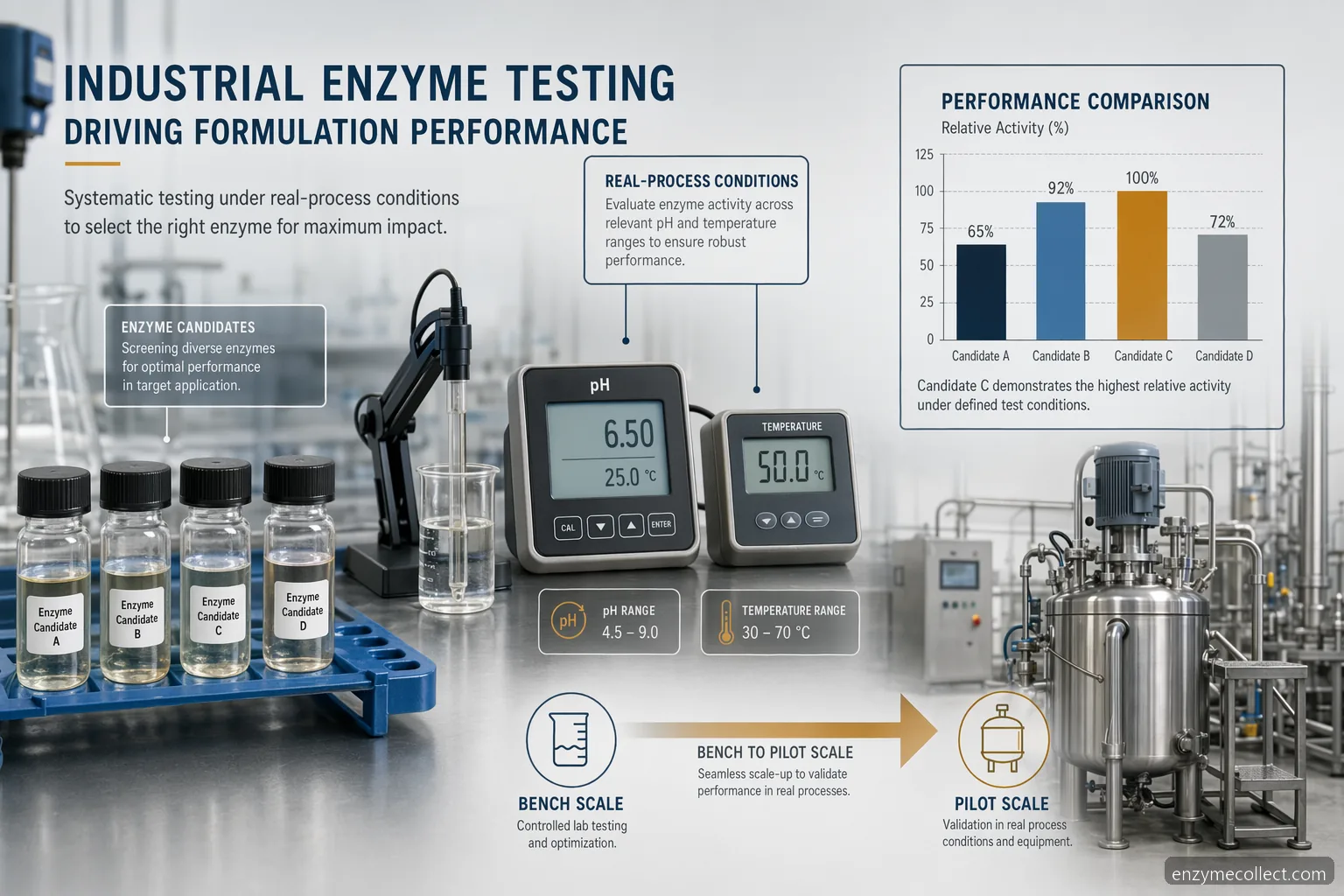 Infografik for industrial enzyme testing til R&D og formulering, med prøvescreening, procesbetingelser og pilotvalidering