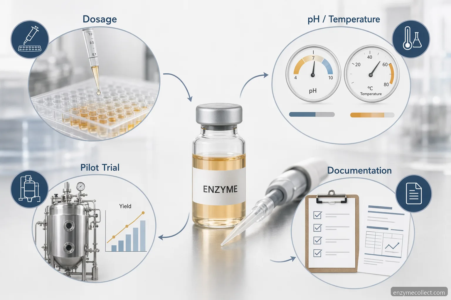 Industrial enzyme testing til R&D-forsøg med dosering, pH, temperatur og infografik for pilotvalidering
