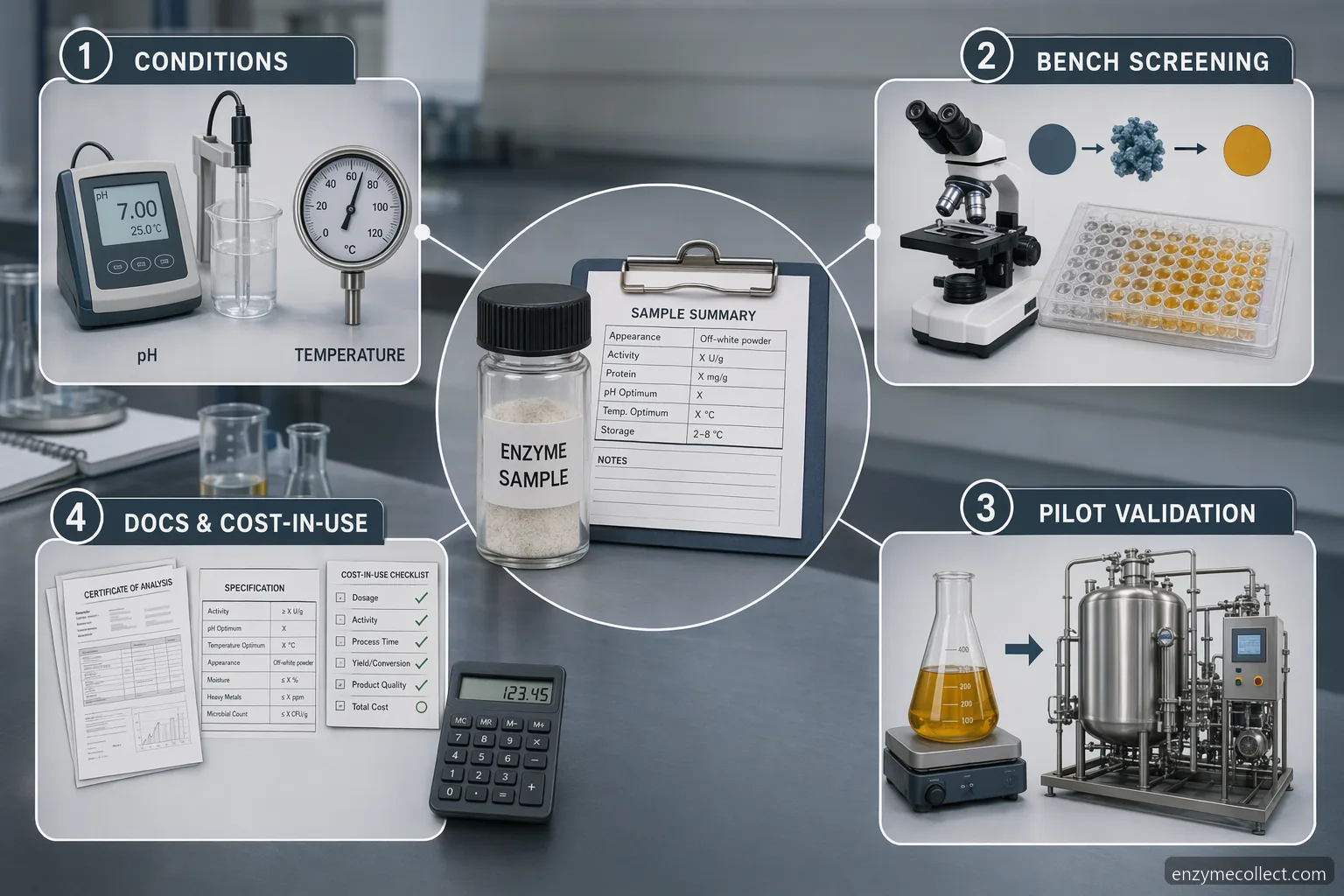Industrial enzyme trial order til R&D med enzyme samples, bench-tests, pilotvalidering, dokumenter og omkostningskontrol